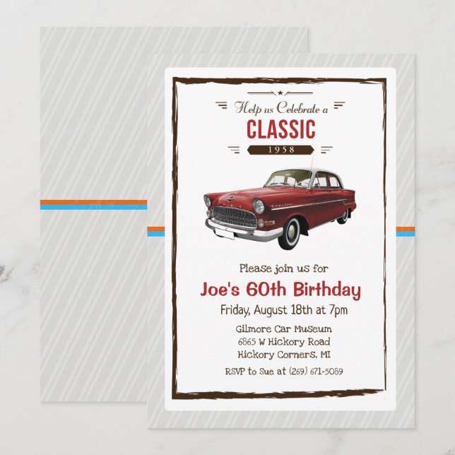 Invitation TOUT ÂGE - Voiture classique Vintage Anniversaire  (Devant / Derrière)