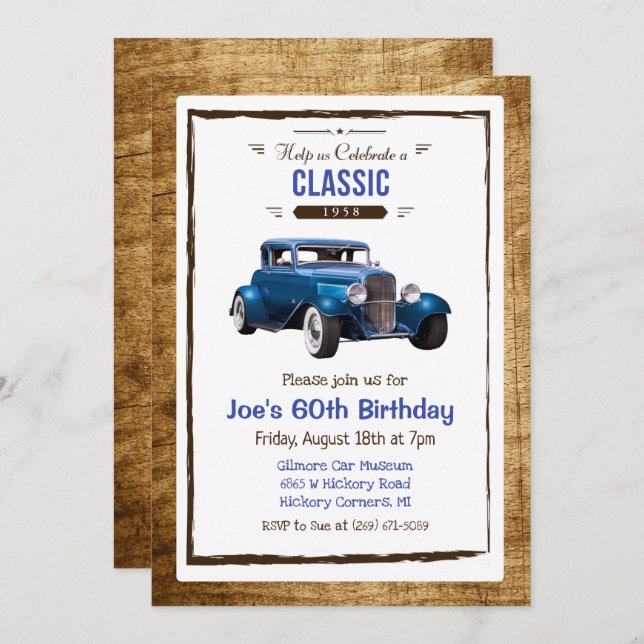 Invitation TOUT ÂGE - Voiture classique Vintage Anniversaire  (Devant / Derrière)