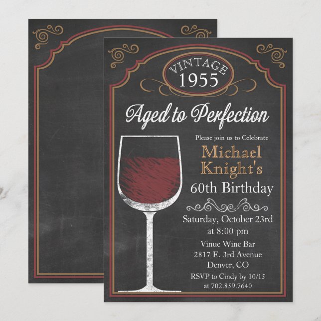 Invitation TOUT ÂGE Wine Chalkboard Adulte Anniversaire Invit (Devant / Derrière)