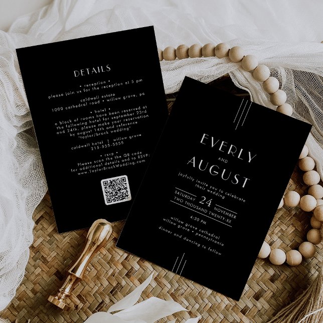 Invitation TOUT Art Déco moderne Noir Blanc QR Code Mariage (EVERLY Modern Art Deco Black White QR Code Wedding Invitation)