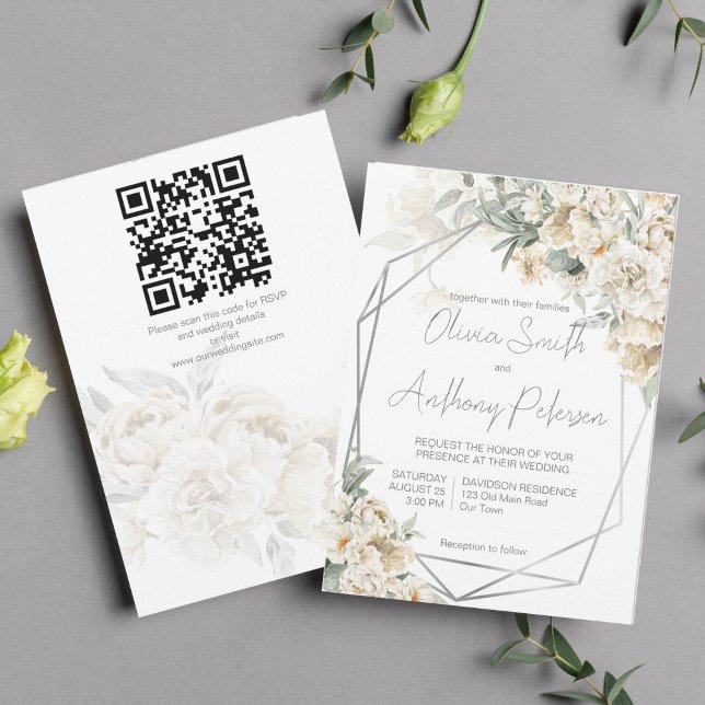 Invitation Tout blanc argenté cadre blanc mariage floral blan (All white wedding theme white flowers silver sage silver geometrical frame invitation template)