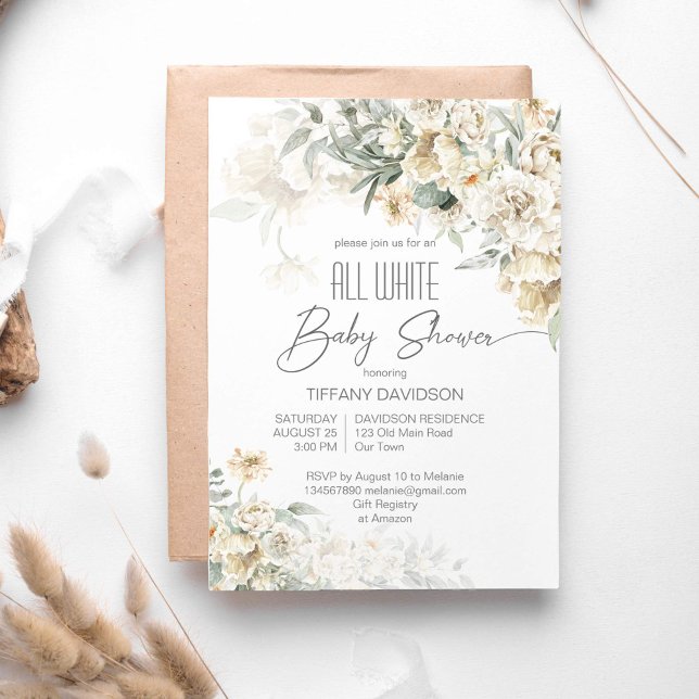 Invitation Tout blanc baby shower argent blanc blanc floral (All white baby shower invitation template silver sage white flowers modern calligraphy script )