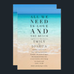 Invitation Tout ce dont nous avons besoin, c'est l'amour et l<br><div class="desc">Belle scène de plage faire-part de mariage avec le dicton "Tout ce dont nous avons besoin est l'amour et la plage". Customisé avec les détails de votre mariage.</div>