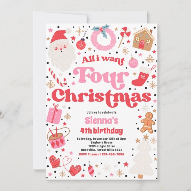 Invitation Tout ce que je veux pour Noël 4e anniversaire (Devant)