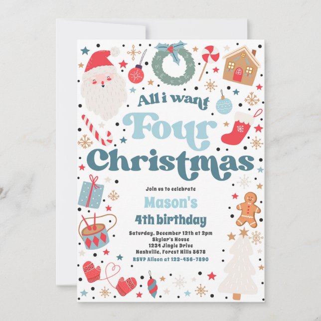 Invitation Tout ce que je veux pour Noël 4e anniversaire (Devant)