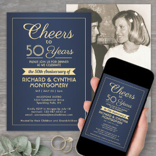Invitation TOUT Cheers d'anniversaire Bleu marine et Or 1 Pho