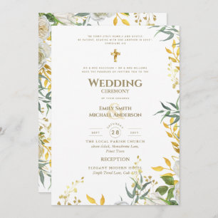 Invitation Tout-en-1 Blanc Or vert Mariage catholique