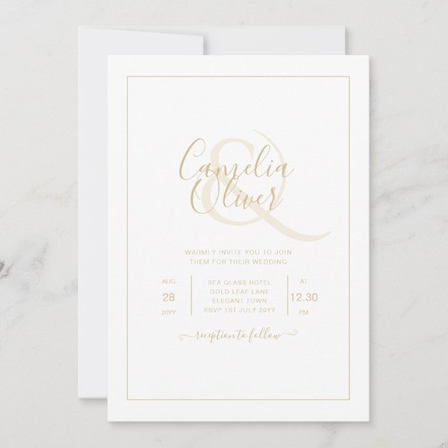 Invitation Tout-en-1 Elegant Classic Gold Texte Mariage blanc (Devant)