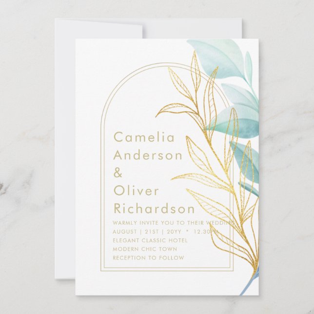 Invitation Tout-en-1 Verre de mer Aqua Green Feuille or Maria (Devant)