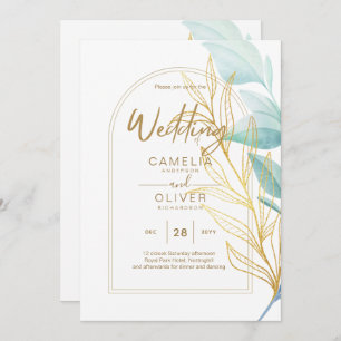 Invitation Tout-en-1 Verre de mer Aqua Green Feuille or Maria