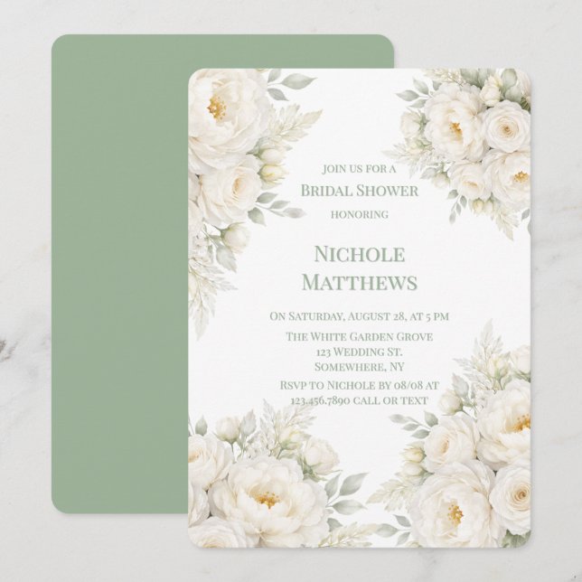 Invitation Tout en Blanc Fleurs Mariage Shower (Devant / Derrière)