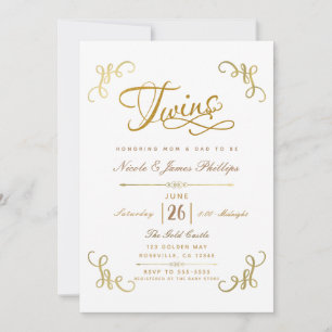 Invitation Tout en Or Faux Feuille Bébé Fête JUMEAUX Écriture