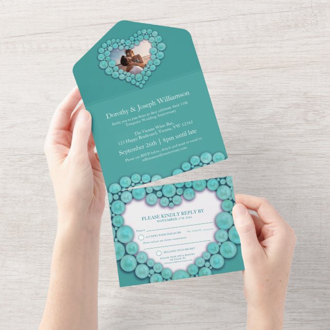 Invitation Tout En Un 11e anniversaire de mariage Turquoise en photo (Déchirure)