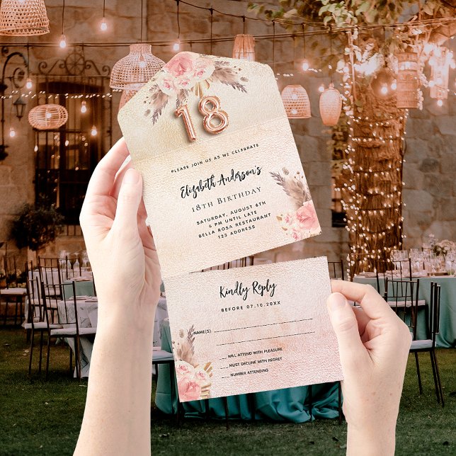 Invitation Tout En Un 18e anniversaire pampas herbe fleurons rose rose R (Créateur téléchargé)