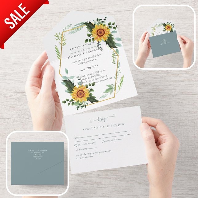 Invitation Tout En Un 1in3 Fleurs de soleil Verdure Mariage RSVP Invitat (Créateur téléchargé)