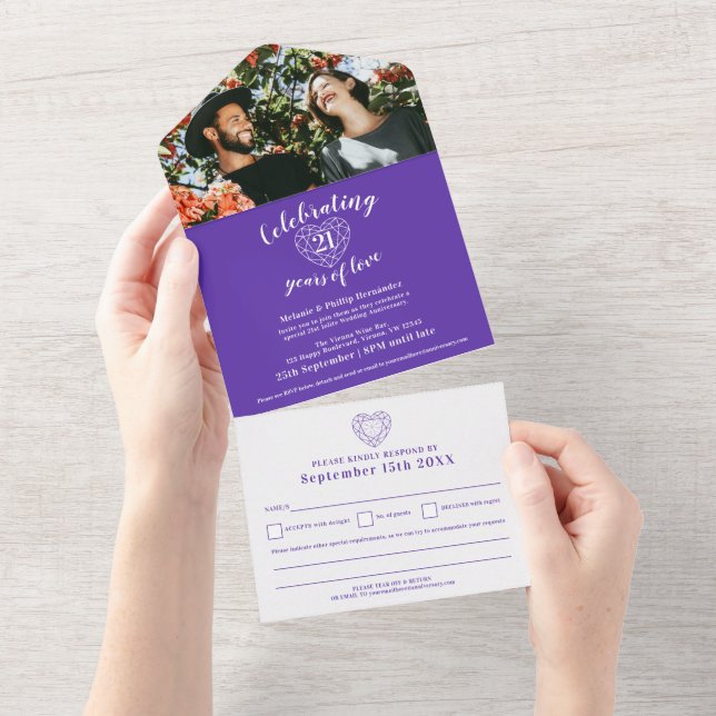 Invitation Tout En Un 21e anniversaire de mariage iolite violet photo RS (Déchirure)