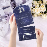Invitation Tout En Un 21e anniversaire marine bleu argent étoiles rsvp<br><div class="desc">Arrière - plan bleu marine,  décoré d'étoiles. La couleur bleue est inégale. Personnalisez et ajoutez des noms,  des détails de parti,  la date RSVP,  l'adresse et le nom de retour. Le numéro 21 est écrit avec une police de style ballon.</div>