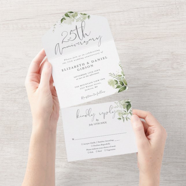 Invitation Tout En Un 25e Anniversaire de Mariage Argent Script Floral (Déchirure)