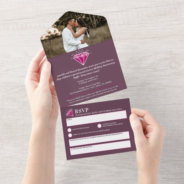 Invitation Tout En Un 2ème anniversaire de mariage grenat fête gemme rou (Déchirure)