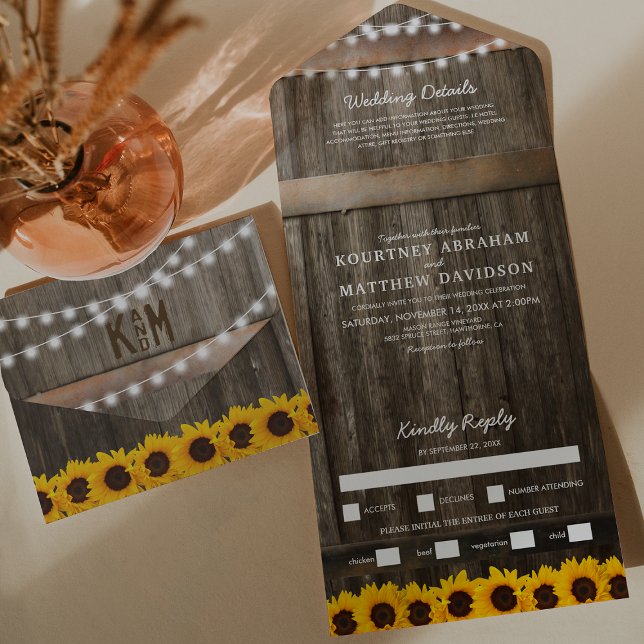 Invitation Tout En Un 3 en 1 Mariage Rustique Tournesol (Créateur téléchargé)