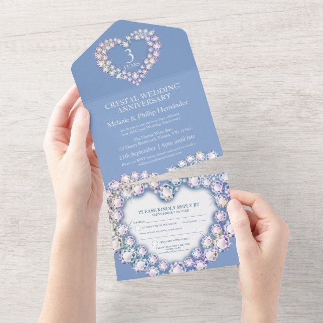 Invitation Tout En Un 3e anniversaire mariage cristal bleu clair (Déchirure)