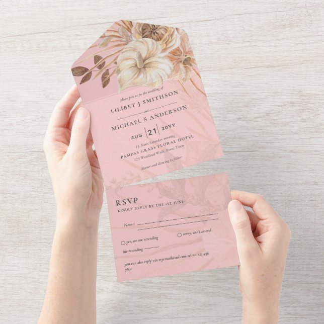 Invitation Tout En Un 3in1 BOHO Pampas Grass Terracotta Wedding RSVP (Déchirure)