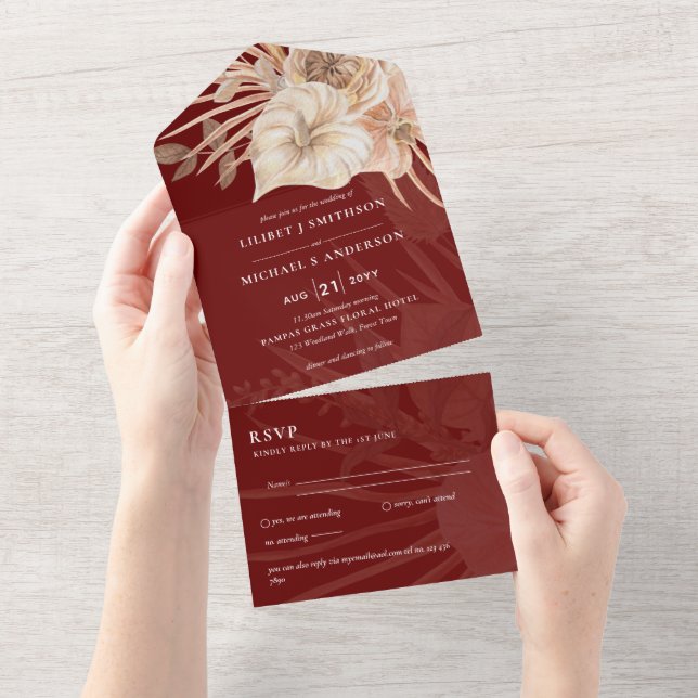 Invitation Tout En Un 3in1 BOHO Pampas Grass Terracotta Wedding RSVP (Déchirure)