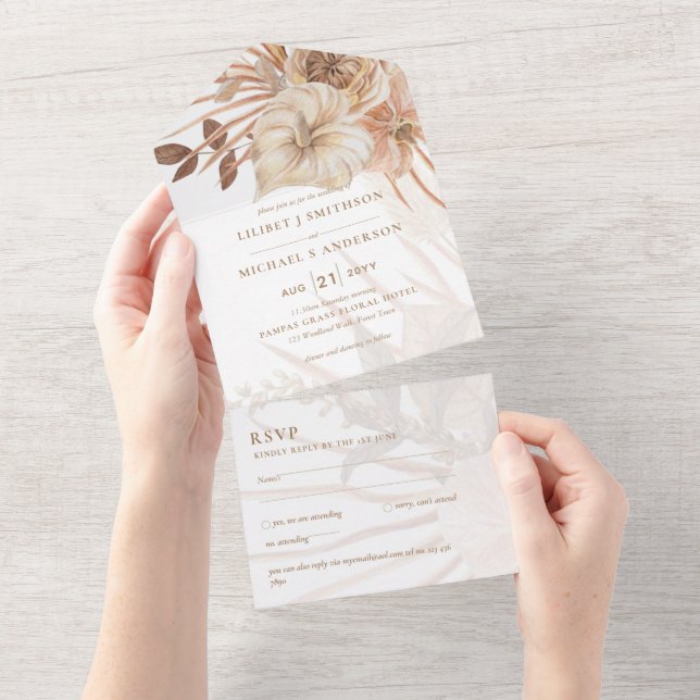 Invitation Tout En Un 3in1 BOHO Pampas Grass Terracotta Wedding RSVP (Déchirure)