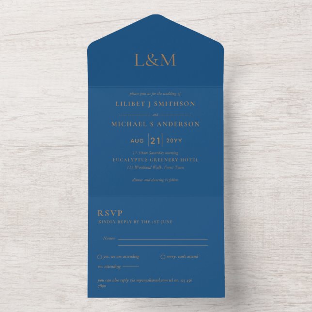 Invitation Tout En Un 3in1 Classic Blue Gold Texte uniquement Mariage In (À l'intérieur)