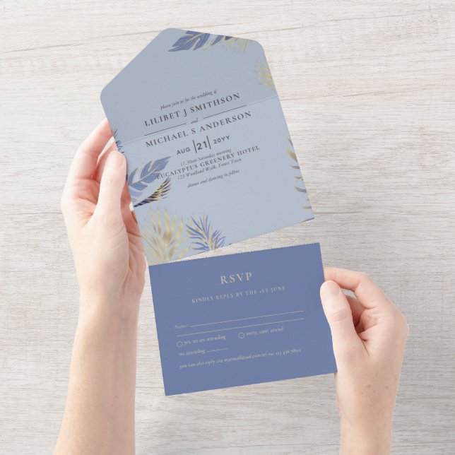 Invitation Tout En Un 3in1 Dusty Blue Gold Boho Plumes mariage RSVP (Déchirure)