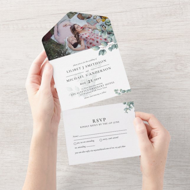 Invitation Tout En Un 3in1 Eucalyptus Green PHOTO Mariage INVITE RSVP (Déchirure)