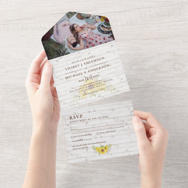 Invitation Tout En Un 3in1 Fleurs de soleil rustiques Mariage en bois RS (Déchirure)