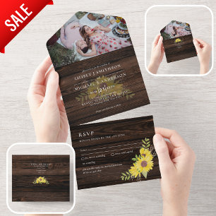 Invitation Tout En Un 3in1 Fleurs de soleil rustiques Mariage en bois RS