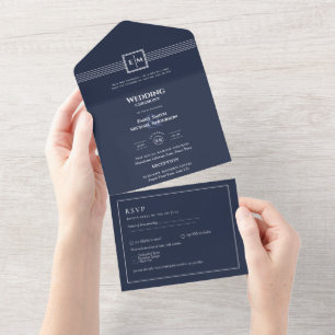 Invitation Tout En Un 3in1 Marine bleu monochrome RSVP Texte uniquement 
