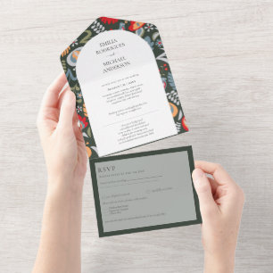 Invitation Tout En Un 3in1 Olive Green Folk Art Floral PHOTO Florale Tou
