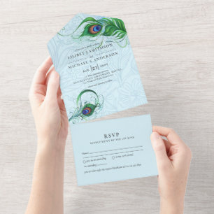 Invitation Tout En Un 3in1 Peacock Blue Green Feather Wedding RSVP All I