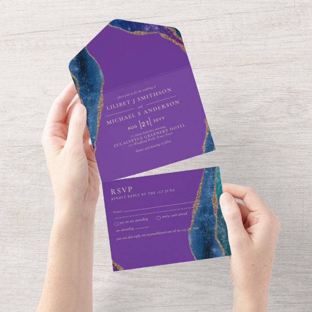 Invitation Tout En Un 3in1 Purple Blue Gold AGATE Mariage RSVP Al (Déchirure)