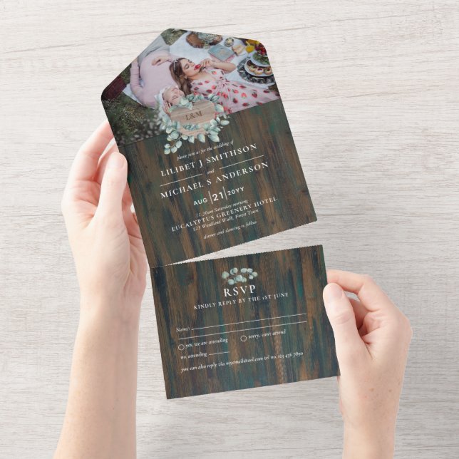 Invitation Tout En Un 3in1 Rustic Wood Heart PHOTO Wedding RSVP (Déchirure)