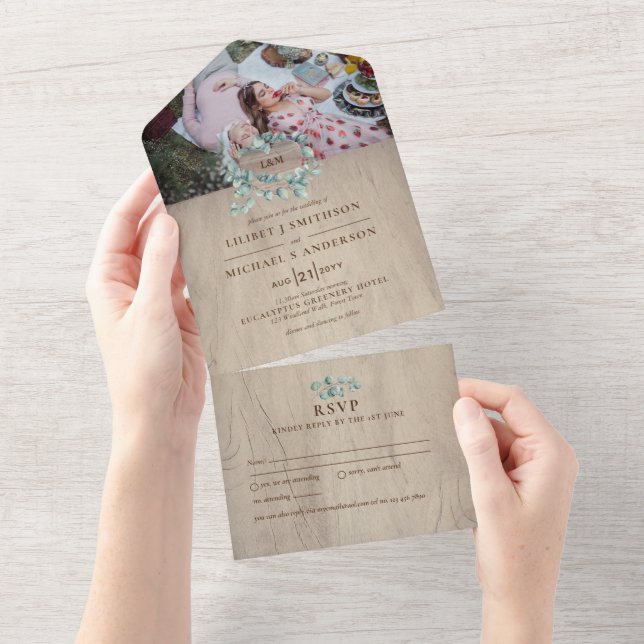 Invitation Tout En Un 3in1 Rustique Bois clair Coeur PHOTO Mariage RSVP (Déchirure)
