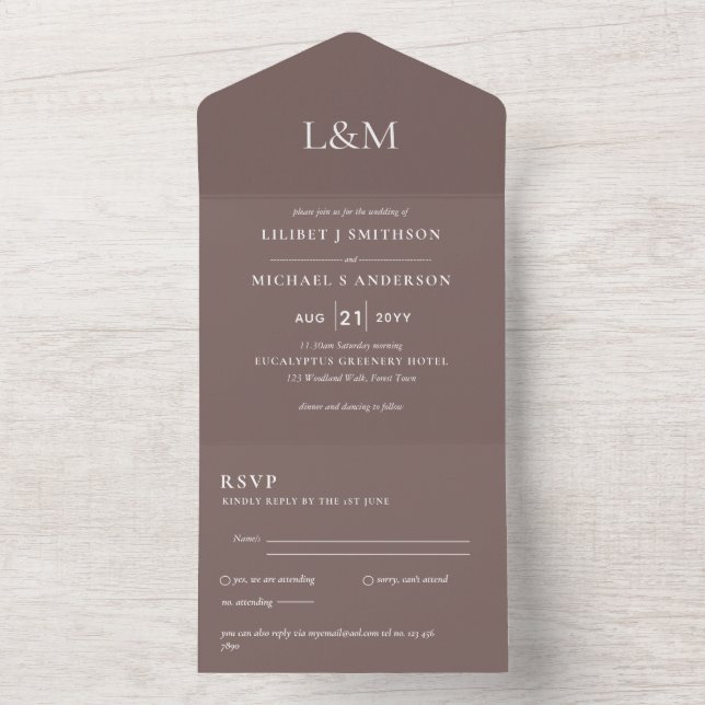 Invitation Tout En Un 3in1 Taupe Terre Texte Mariage uniquement Inviter  (À l'intérieur)