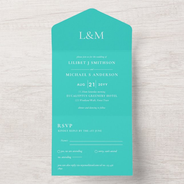 Invitation Tout En Un 3in1 Turquoise Texte uniquement Mariage Inviter RS (À l'intérieur)