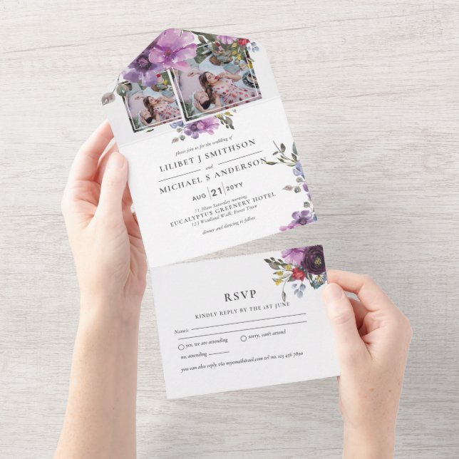 Invitation Tout En Un 3in1 Violet Lavande PHOTO Mariage INVITE RSVP (Déchirure)