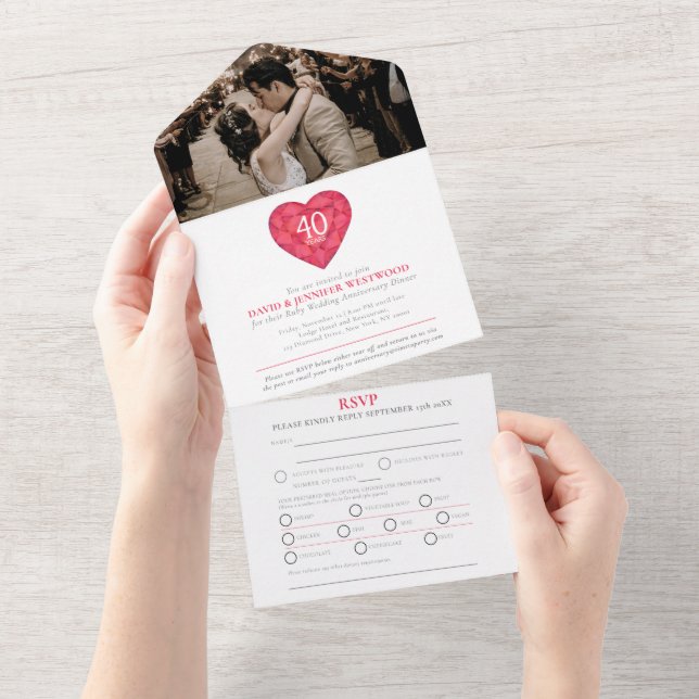 Invitation Tout En Un 40e anniversaire de mariage rubis cœur rouge répon (Déchirure)