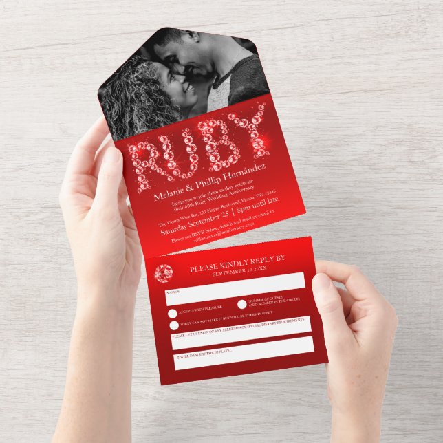 Invitation Tout En Un 40e anniversaire de mariage rubis sans enveloppe (Déchirure)