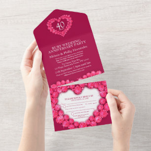 Invitation Tout En Un 40e anniversaire de mariage rubis sans enveloppe c