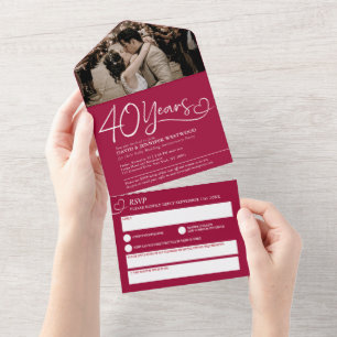 Invitation Tout En Un 40e anniversaire du mariage Ruby repas rouge RSVP 