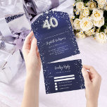Invitation Tout En Un 40e anniversaire marine bleu argent étoiles rsvp<br><div class="desc">Arrière - plan bleu marine,  décoré d'étoiles. La couleur bleue est inégale. Personnalisez et ajoutez des noms,  des détails de parti,  la date RSVP,  l'adresse et le nom de retour. Le numéro 40 est écrit avec une police de style ballon.</div>