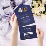 Invitation Tout En Un 40e anniversaire marine bleu argent photo rsvp<br><div class="desc">Un arrière - plan bleu marine. La couleur bleue est inégale. Personnalisez et ajoutez une photo,  un nom,  des détails du parti,  la date RSVP,  l'adresse et le nom de retour. Le numéro 40 est écrit avec une police de style ballon en faux argent.</div>