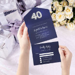 Invitation Tout En Un 40e anniversaire marine bleu argent rsvp<br><div class="desc">Un arrière - plan bleu marine. La couleur bleue est inégale. Personnalisez et ajoutez des noms,  des détails de parti,  la date RSVP,  l'adresse et le nom de retour. Le numéro 40 est écrit avec une police de style ballon en faux argent.</div>