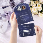Invitation Tout En Un 40e anniversaire marine bleu photo argent étoiles<br><div class="desc">Arrière - plan bleu marine,  décoré d'étoiles. La couleur bleue est inégale. Personnalisez et ajoutez une photo,  un nom,  des détails du parti,  la date RSVP,  l'adresse et le nom de retour.</div>
